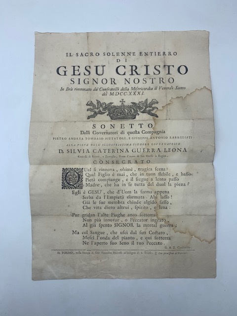 Il sacro solenne Entierro di Gesù Cristo Signor nostro in Bra rinnovato da Confratelli della Misericordia il Venerdì Santo del MDCCXXXI. Sonetto